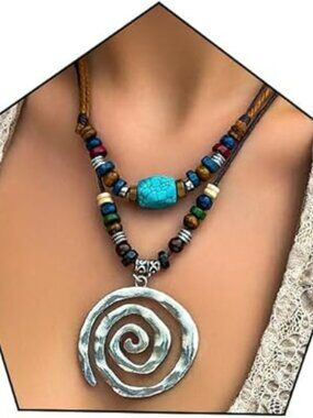 Boho Leather Cord Pendant Necklace Bohemian Multilayer Adjustable Layered Choker